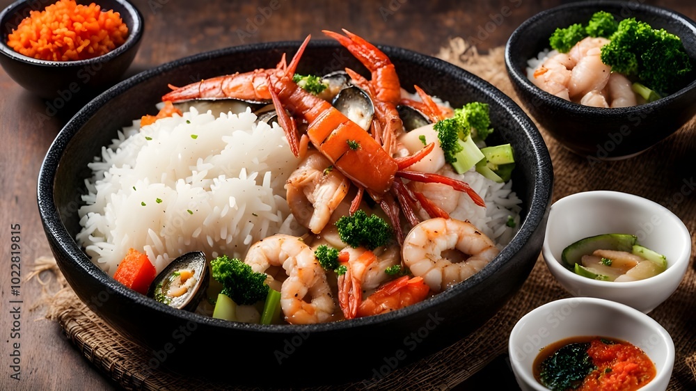 a traditional dish featuring seasoned rice accompanied by seafood and vegetables a traditional dish featuring seasoned rice accompanied by seafood and vegetables
