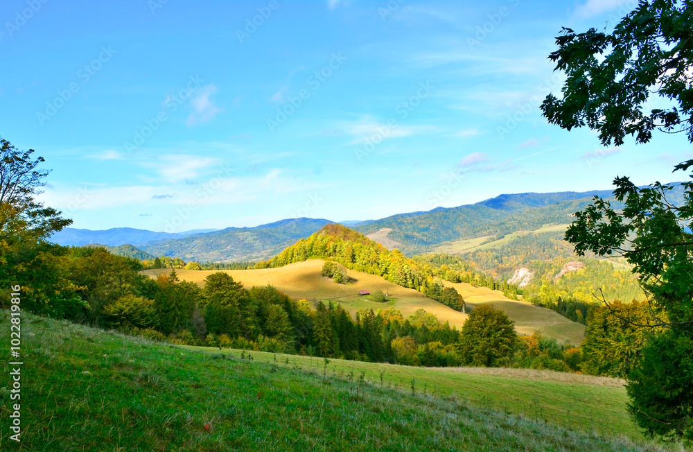 Scene in Pieniny mountains on a warm and sunny autumn day, Szczawnica, Poland Scene in Pieniny mountains on a warm and sunny autumn day, Szczawnica, Poland