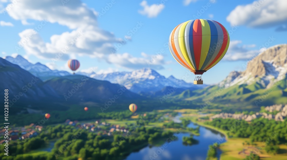 Fototapeta premium Lively 3D wallpaper of colorful hot air balloons floating over a picturesque valley with mountains in the background. No logos or people.