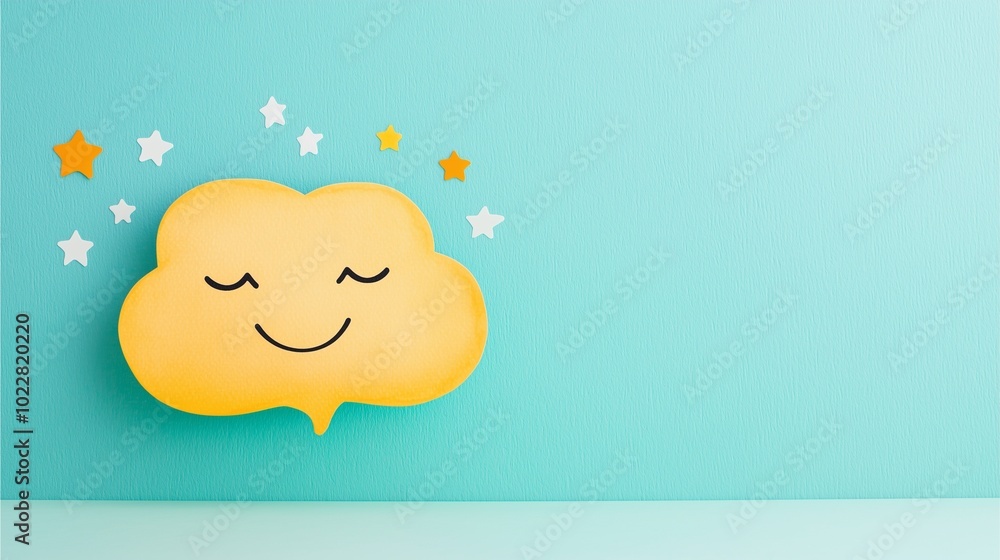 A cheerful yellow cloud with a smiling face and stars on a turquoise background, evoking a sense of happiness and positivity. A cheerful yellow cloud with a smiling face and stars on a turquoise background, evoking a sense of happiness and positivity.