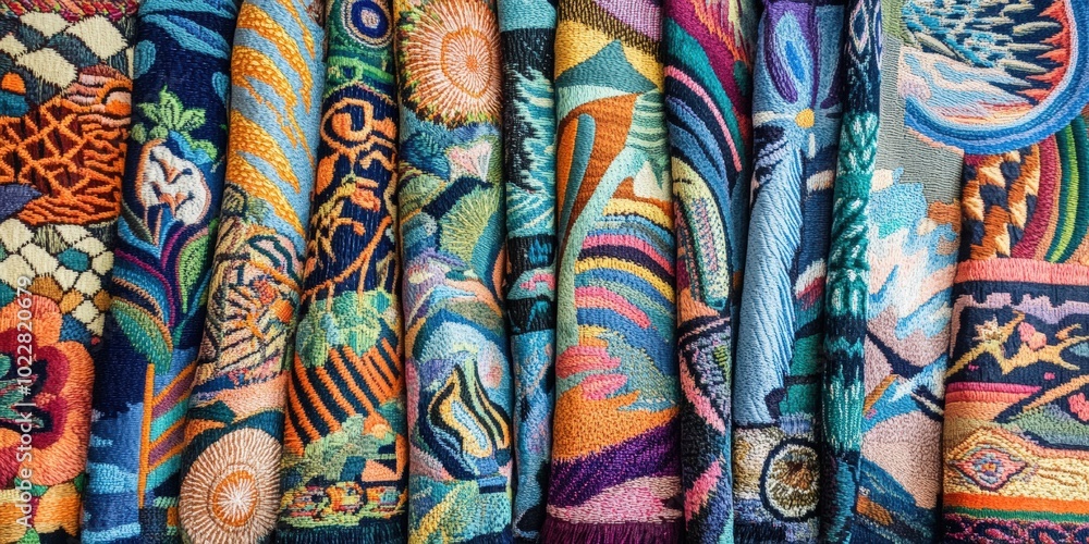 Colorful embroidered fabric folded in a row. Colorful embroidered fabric folded in a row.
