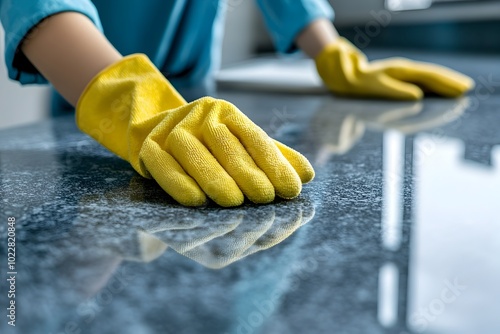 Professional Cleaner Wiping Down Modern Kitchen Countertop for Spotless Sanitation and Hygiene