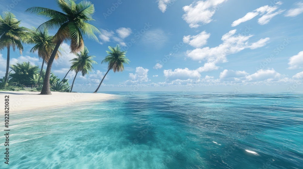 Realistic 3D wallpaper of a crystal-clear tropical beach with palm trees swaying in the breeze and turquoise water. No logos or people. Realistic 3D wallpaper of a crystal-clear tropical beach with palm trees swaying in the breeze and turquoise water. No logos or people.