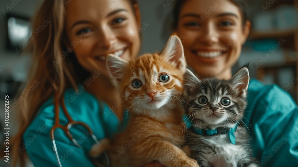 Portrait of happy veterinarians with dog and kitten in hospital : Generative AI Portrait of happy veterinarians with dog and kitten in hospital : Generative AI