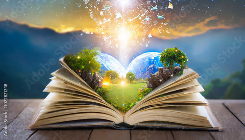 A magical open book reveals a vibrant and enchanting landscape under a starry sky at twilight