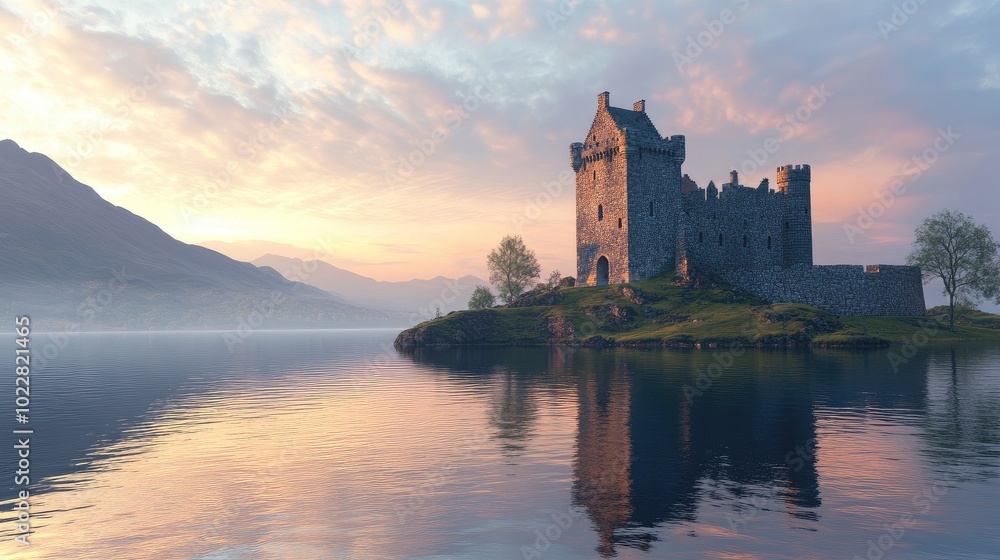 Realistic 3D wallpaper of a detailed stone castle overlooking a serene lake at dawn. No logos or people. Realistic 3D wallpaper of a detailed stone castle overlooking a serene lake at dawn. No logos or people.