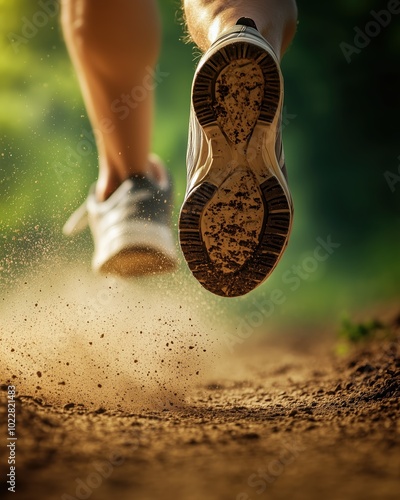 The feet of a runner push off the dirt track, creating dust as they launch forward in a vigorous, energizing morning run through the forest photo