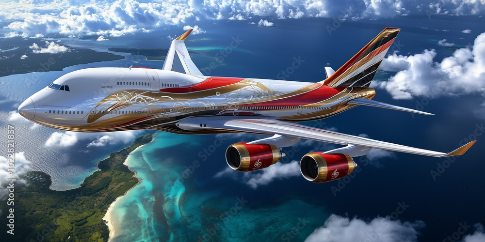 Fototapeta premium Luxury private jet with gold and red paint scheme flies above tropical islands.