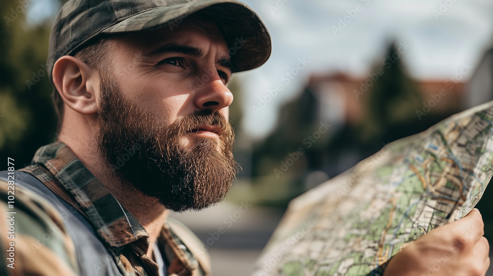 A bearded man in a camouflage shirt and cap looks thoughtfully at a map. A bearded man in a camouflage shirt and cap looks thoughtfully at a map.