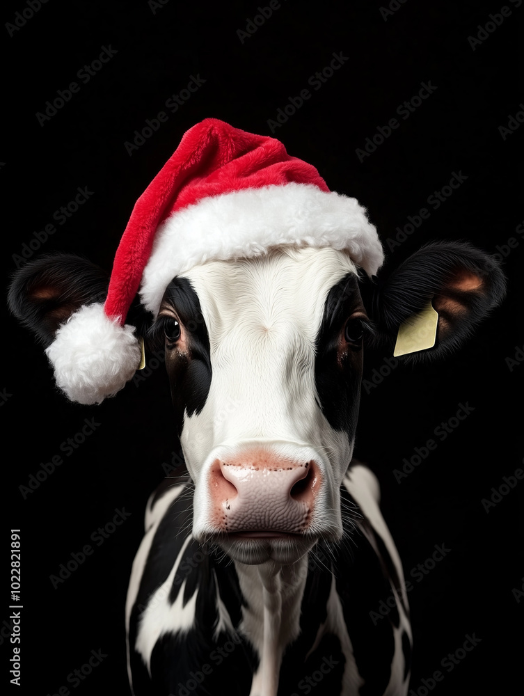 Close-up of a black and white cow wearing a Santa hat. Close-up of a black and white cow wearing a Santa hat.