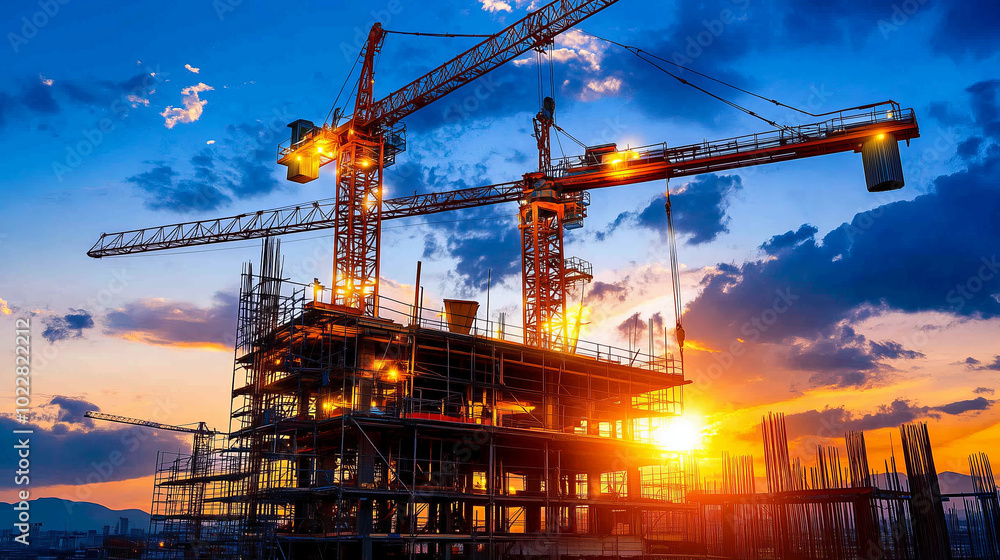 Construction site with cranes at sunset, reflecting on the building. Construction site with cranes at sunset, reflecting on the building.
