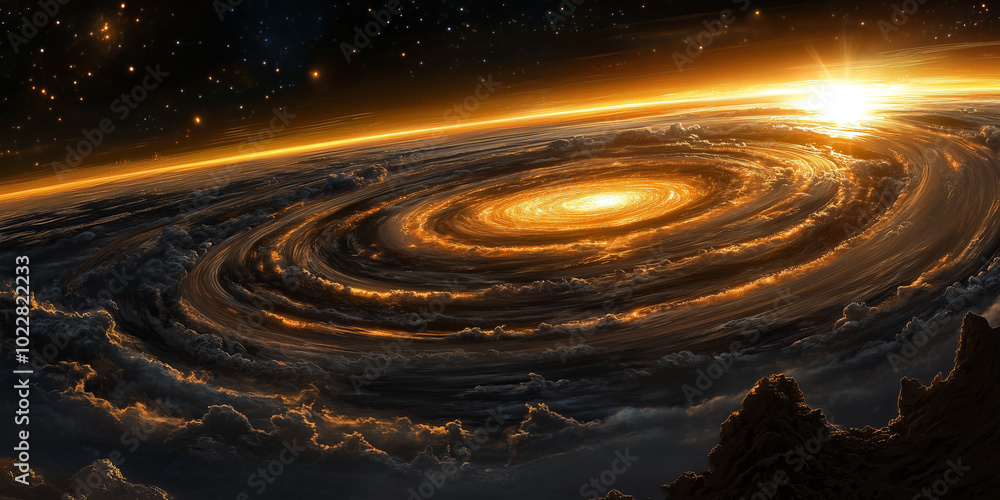 A swirling galaxy of golden light with a bright star in the center. A swirling galaxy of golden light with a bright star in the center.