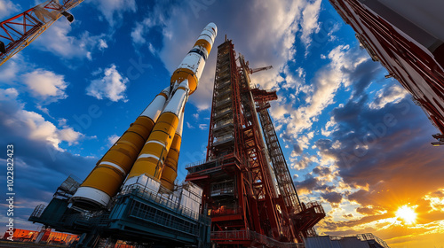 A rocket on the launchpad at sunset, ready for liftoff.