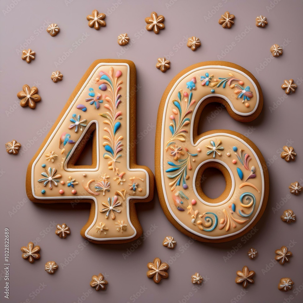 Decorated cookie, number 46, illustration for birthday or anniversary celebration Decorated cookie, number 46, illustration for birthday or anniversary celebration