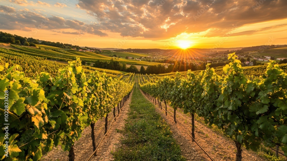 Naklejka premium Vineyard rows at sunset with warm light.