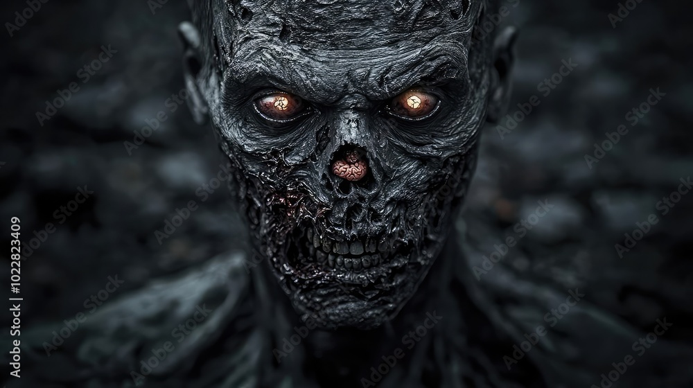 Obraz premium A detailed, eerie portrait of a humanoid figure with a gruesome, textured face, illuminated by haunting eyes in a dark setting.