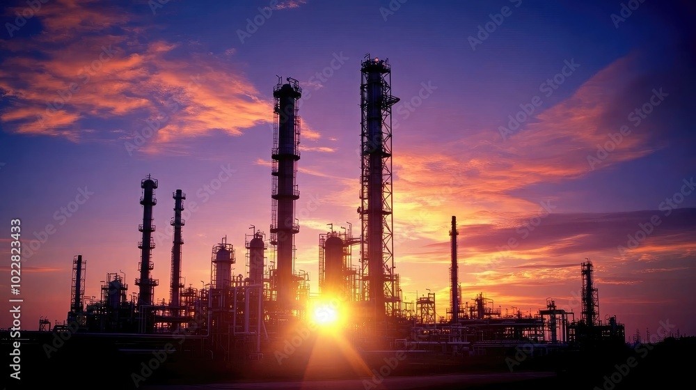 Sunset Over Industrial Complex Silhouettes Sunset Over Industrial Complex Silhouettes