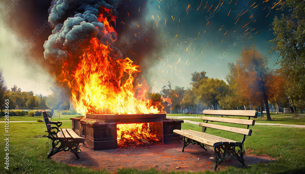 A park bench set ablaze with flames and smoke rising high in the sky during the late afternoon in a public green space A park bench set ablaze with flames and smoke rising high in the sky during the late afternoon in a public green space