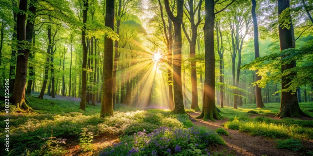 Obraz premium Tranquil Forest Scene with Sunlight Filtering Through Lush Green Leaves and Vibrant Flora Below
