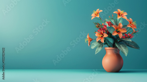 Orange Flowers in Terracotta Vase on Turquoise Background