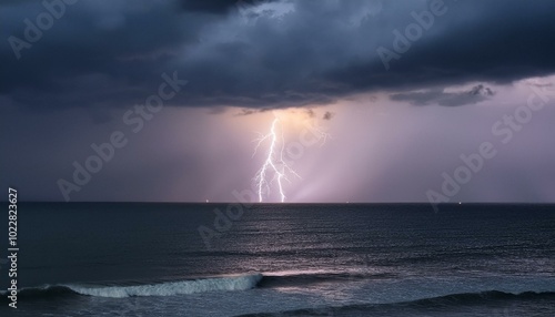 a calm sea under a light storm, with gentle waves and distant lightning illuminating the soft clouds in muted purples and grays.