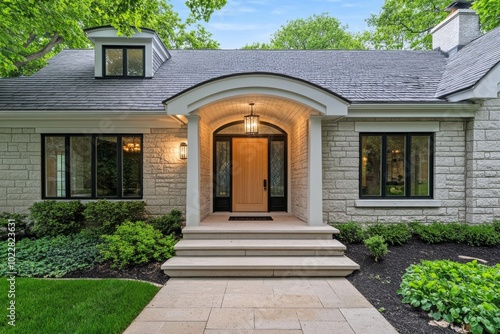 A Front Door with Arched Wooden Double Doors, Flanked by Black Windows, Set into an Overhang on the Right Side of a Stone and Wood House with White Trim``