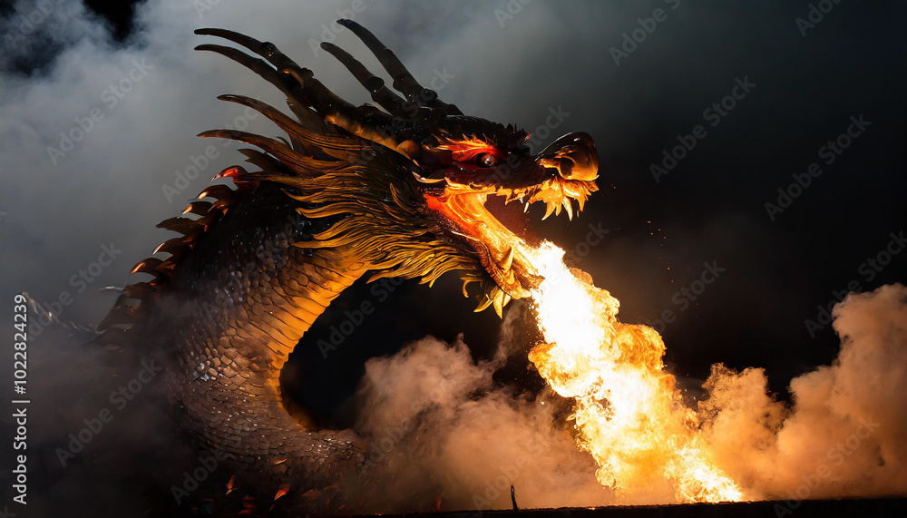 A majestic dragon breathing fire amid billowing smoke in a dramatic night setting A majestic dragon breathing fire amid billowing smoke in a dramatic night setting