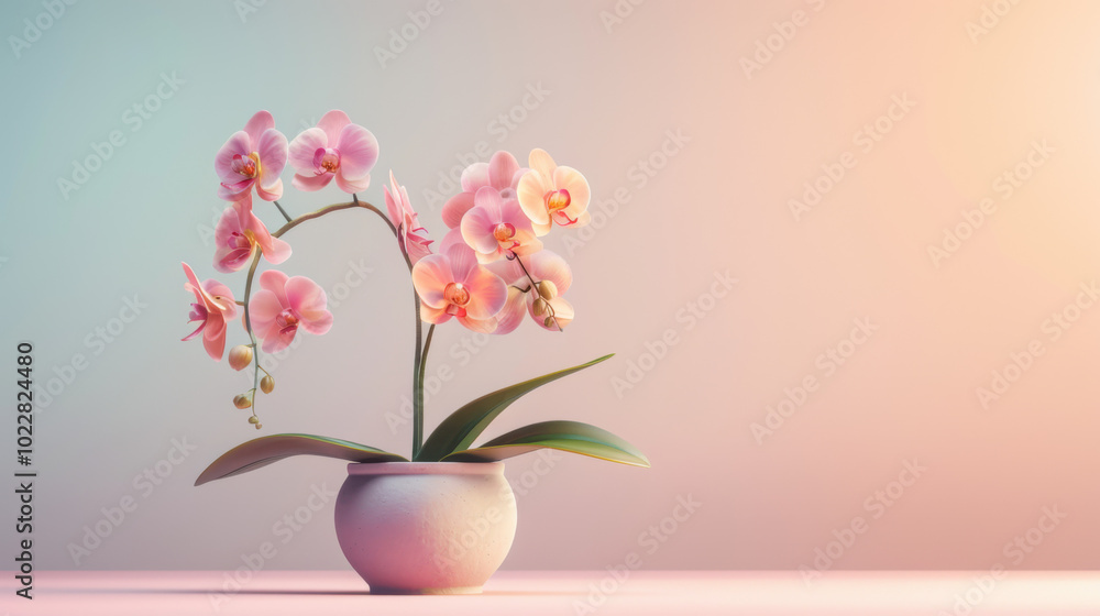 Pink Orchid in a White Pot on a Pastel Background Pink Orchid in a White Pot on a Pastel Background