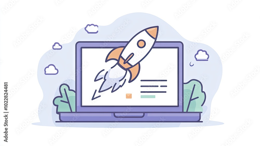 A digital rocket launching out of a laptop screen on a simple background, symbolizing rapid progress in technology. A digital rocket launching out of a laptop screen on a simple background, symbolizing rapid progress in technology.