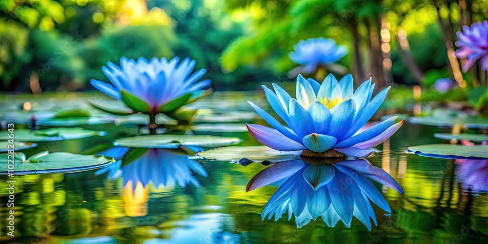 Tranquil Lotus Pond with Blue Water Reflections and Lush Greenery in a Serene Natural Setting Tranquil Lotus Pond with Blue Water Reflections and Lush Greenery in a Serene Natural Setting