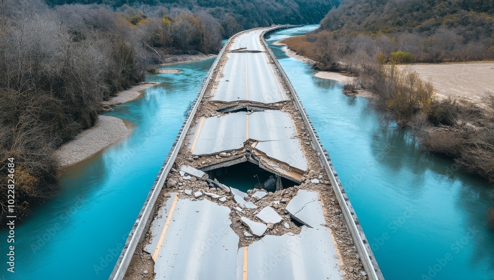A Bridge Over the River is Broken and Collapsed, with Debris Scattered on Both Sides of It A Bridge Over the River is Broken and Collapsed, with Debris Scattered on Both Sides of It