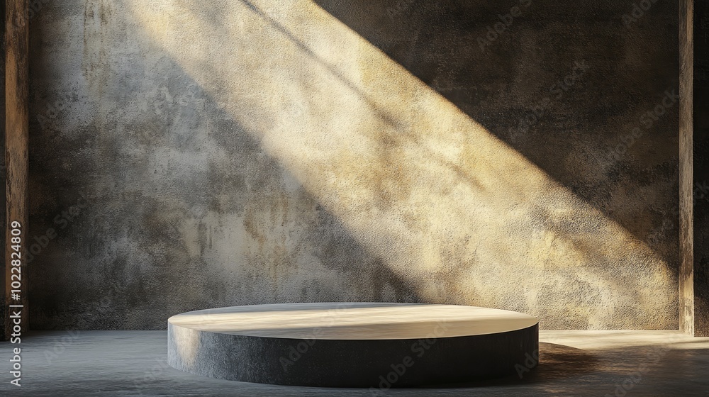 A shaded background ideal for design projects featuring textured walls and a podium illuminated by sunlight 3D rendering