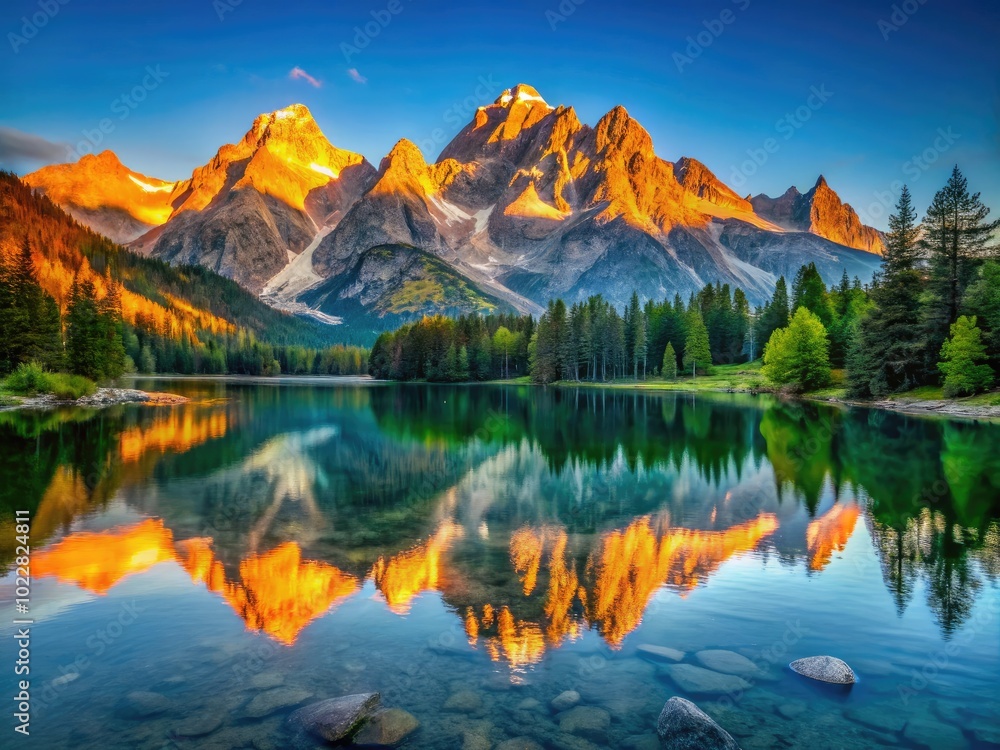 Tranquil Mountain Lake Reflecting Majestic Peaks Under a Clear Blue Sky During Golden Hour Light Tranquil Mountain Lake Reflecting Majestic Peaks Under a Clear Blue Sky During Golden Hour Light