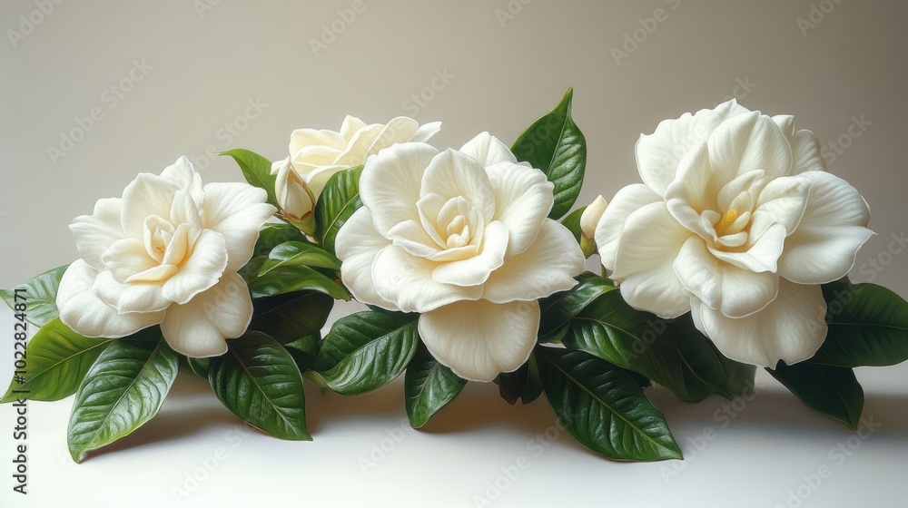 A beautiful arrangement of white flowers with green leaves. A beautiful arrangement of white flowers with green leaves.