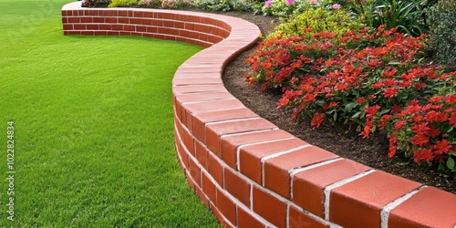 A Colorful Garden with Vibrant Flowers and Neatly Arranged Brick Borders, Showcasing the Beauty of Landscaping in the Springtime