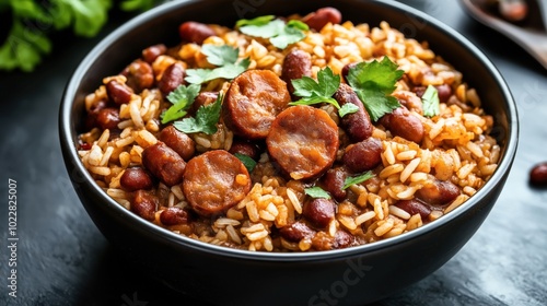 Bowl of rice and beans with sliced sausage, garnished with fresh cilantro, placed on a dark surface