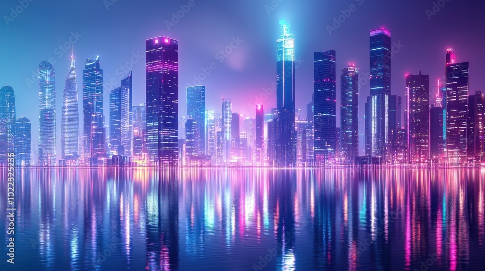 Neon-lit city skyline reflected in water. Neon-lit city skyline reflected in water.