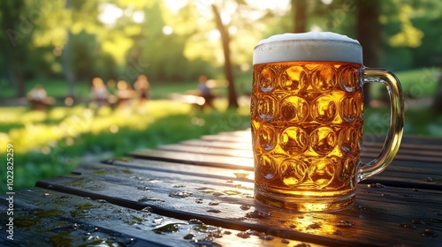 Sunset ambiance in a beer garden with a frosty beer on a wooden table, perfect for unwinding with friends outdoors