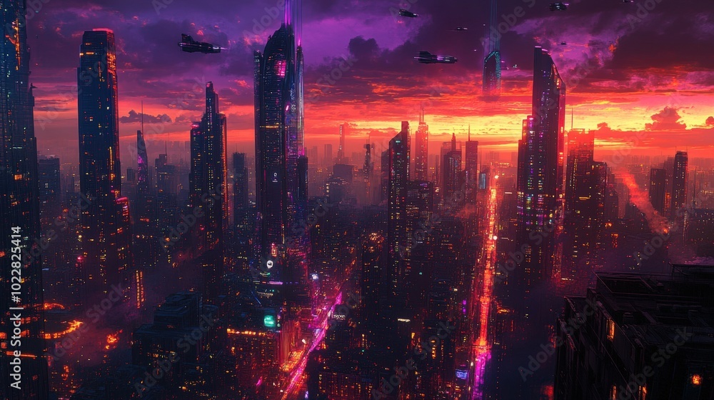 Fototapeta premium Futuristic city skyline at sunset with flying vehicles.