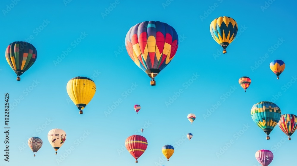 Colorful hot air balloons float in a blue sky. Colorful hot air balloons float in a blue sky.