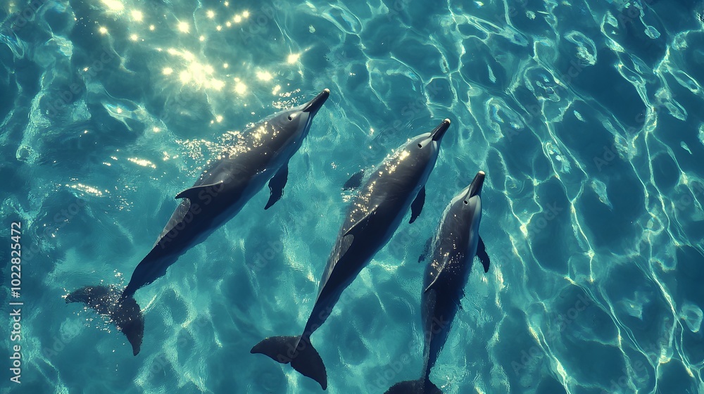 Fototapeta premium Playful Dolphins in Crystal-Clear Water: A small pod of dolphins swims gracefully near the ocean surface, with rays of sunlight filtering through the clear water, creating a sparkling effect. The