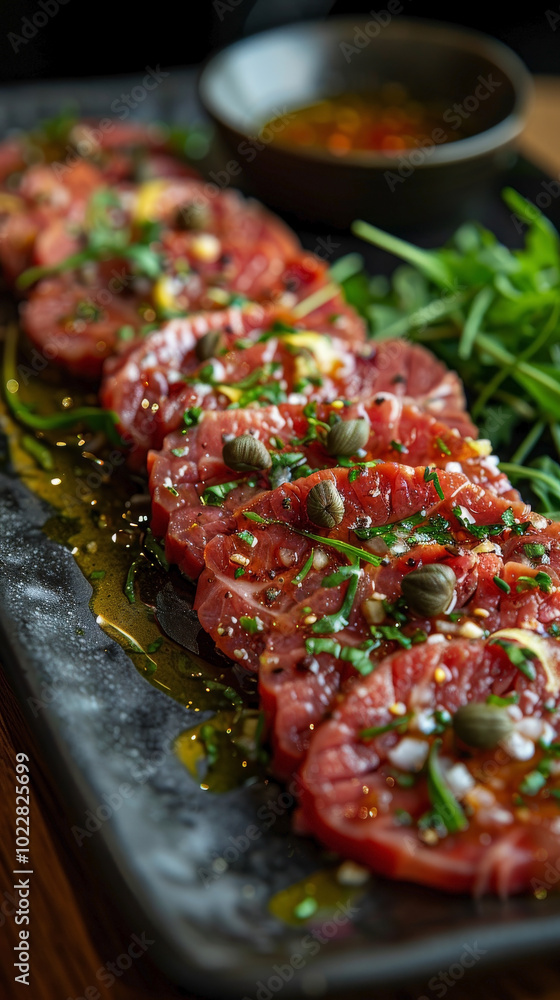 Chateaubriand Carpaccio elegantly presented, featuring thinly sliced raw beef tenderloin drizzled with olive oil and lemon juice, garnished with capers Chateaubriand Carpaccio elegantly presented, featuring thinly sliced raw beef tenderloin drizzled with olive oil and lemon juice, garnished with capers
