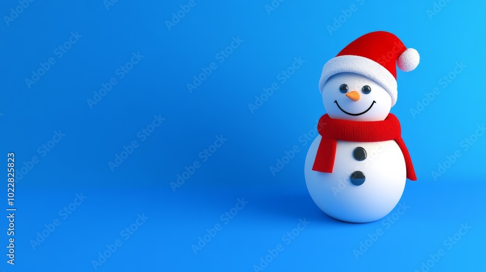 A snowman with a red scarf and a red hat is standing on a blue background A snowman with a red scarf and a red hat is standing on a blue background