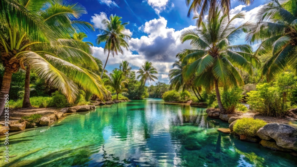 Tranquil Oasis with Crystal Clear Water Surrounded by Lush Greenery and Vibrant Palm Trees Tranquil Oasis with Crystal Clear Water Surrounded by Lush Greenery and Vibrant Palm Trees