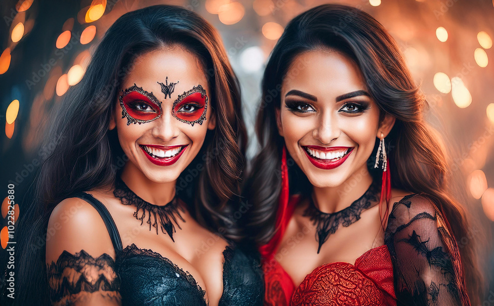 Young attractive ladies dressed and made up in halloween concept prepared for Halloween party Young attractive ladies dressed and made up in halloween concept prepared for Halloween party