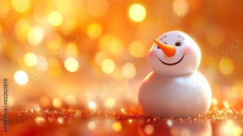 A snowman with a carrot nose is sitting on a red background