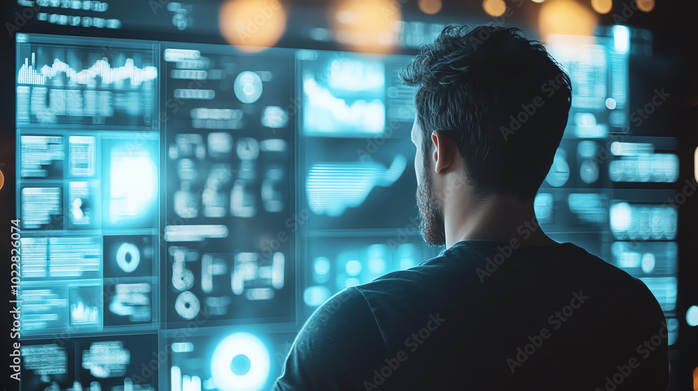 A programmer analyzes data on a large monitor, working on a software project. A programmer analyzes data on a large monitor, working on a software project.