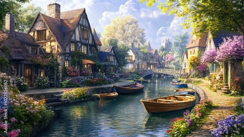 Charming village with canal, boats, and flowers.