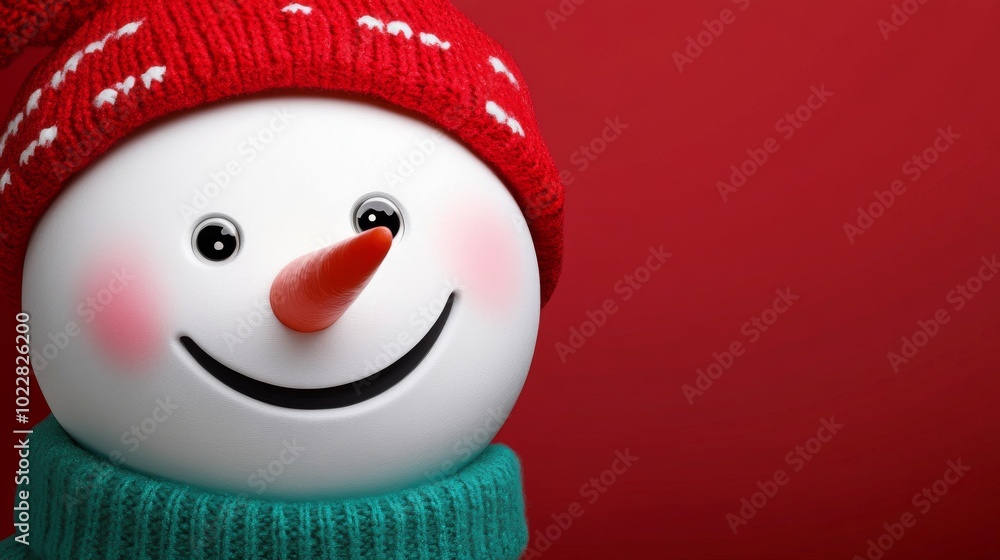 A snowman with a red hat and a green scarf is smiling A snowman with a red hat and a green scarf is smiling