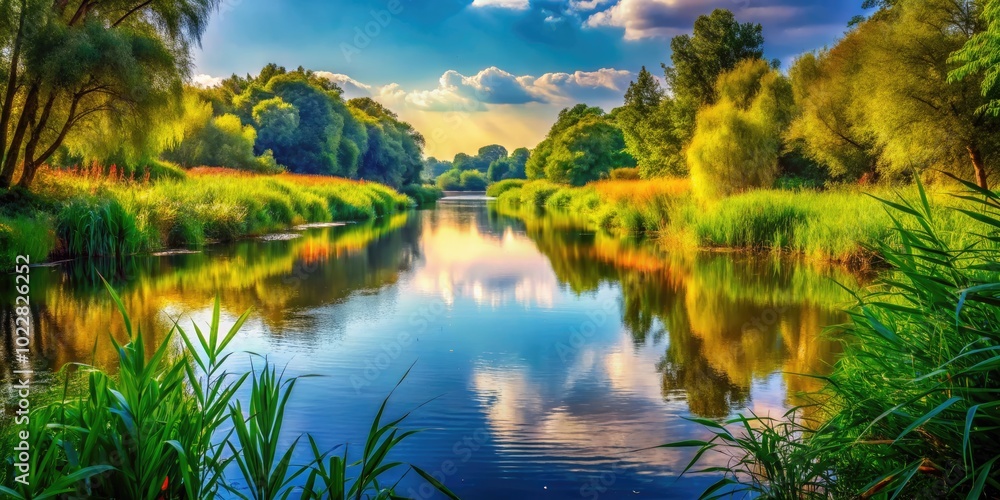 Tranquil Reed River Surrounded by Lush Greenery and Reflections of Nature on a Sunny Day Tranquil Reed River Surrounded by Lush Greenery and Reflections of Nature on a Sunny Day